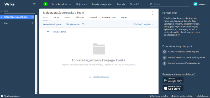 Wrike - ekran główny